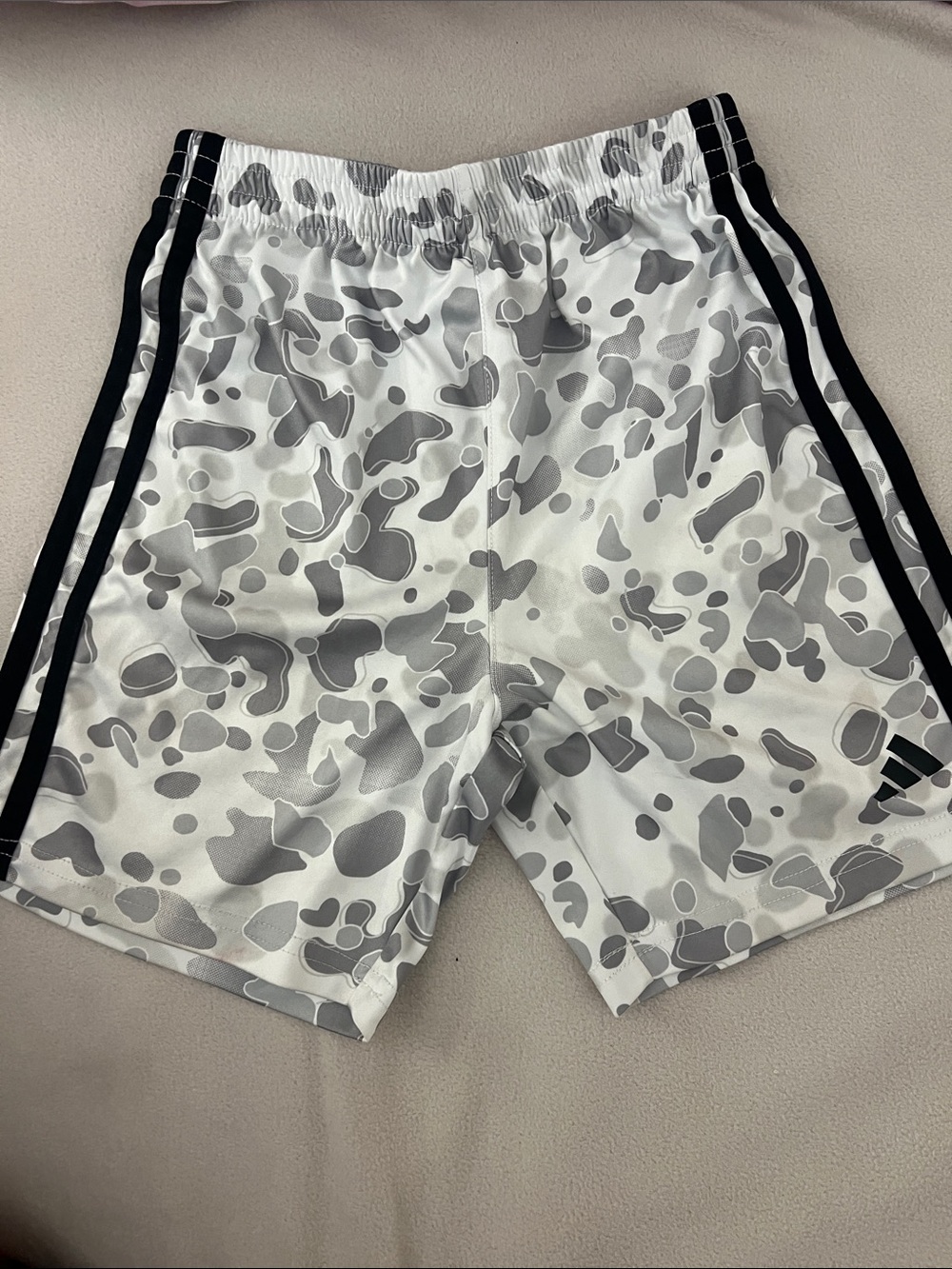 adidas Men’s White & Gray Camo Athletic Shorts with Black Stripes